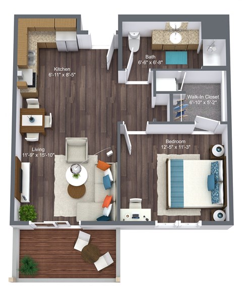 Floor plan for 1 bed, 1 bath, 600 sqft